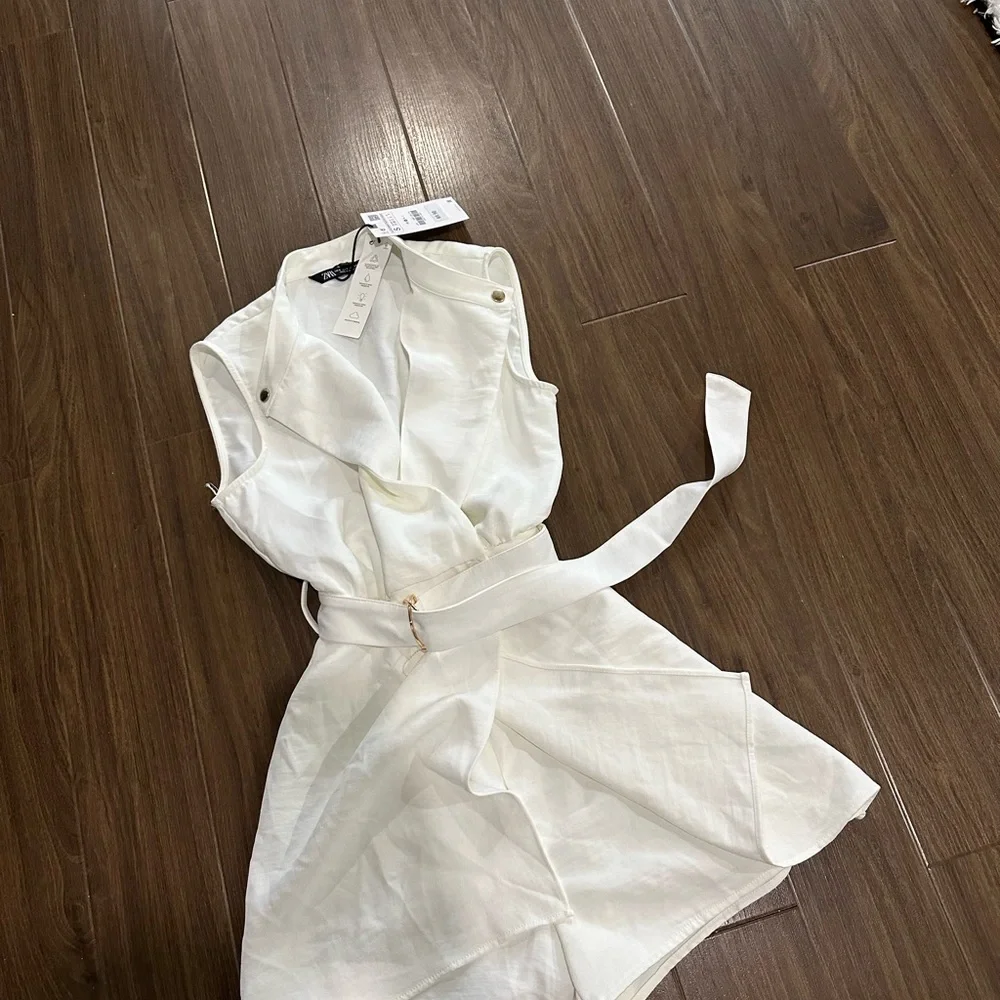 Zara White Sleeveless Belted Linen Romper
